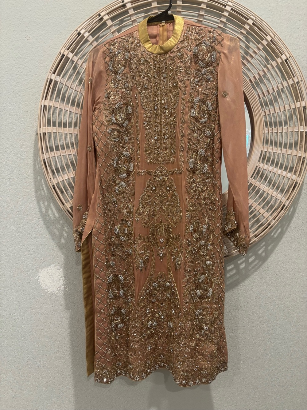 Embroidered Peach Long-Sleeve Occasion Dress with Gold Accents